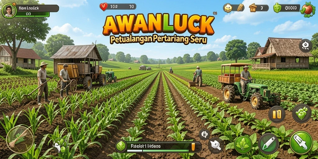 Tangkapan layar gameplay AWANLUCK yang menampilkan aktivitas bertani yang seru.