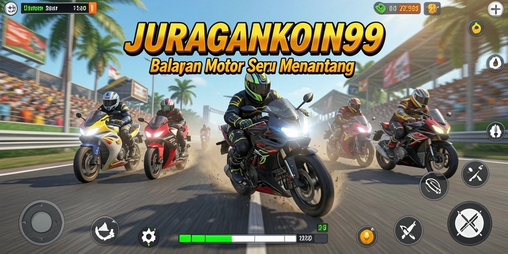 Tampilan gameplay seru di JURAGANKOIN99 dengan motor cepat di lintasan.