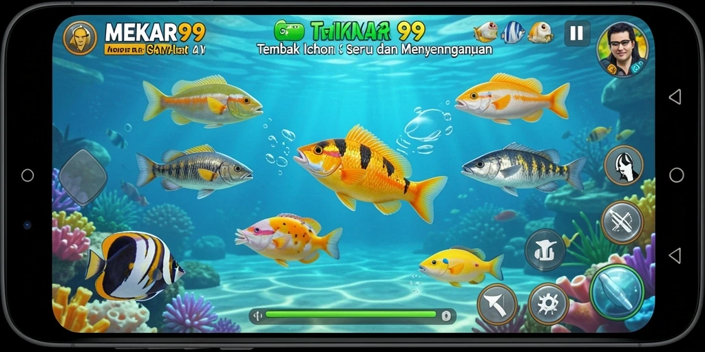 Tangkapan layar gameplay seru MEKAR99 dengan ikan yang berukuran besar.