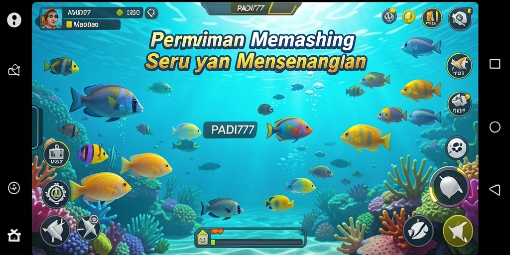 Tampilan gameplay PADI777 dengan berbagai jenis ikan dan alat pancing.