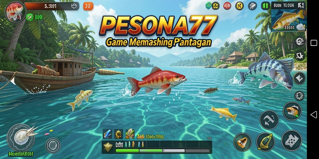 Tampilan gameplay PESONA77 saat memancing di laut yang indah.