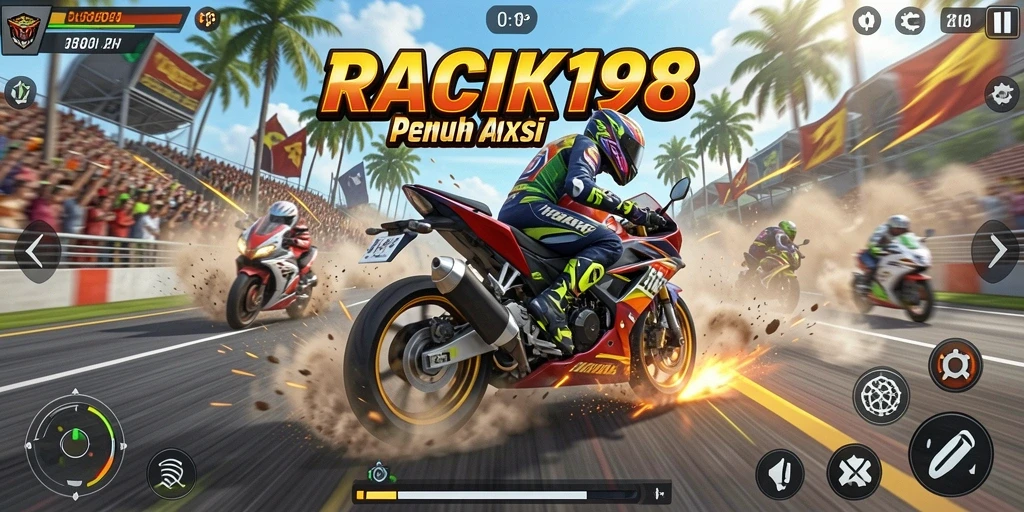 Screenshot utama RACIK198 menampilkan balapan motor yang penuh aksi.
